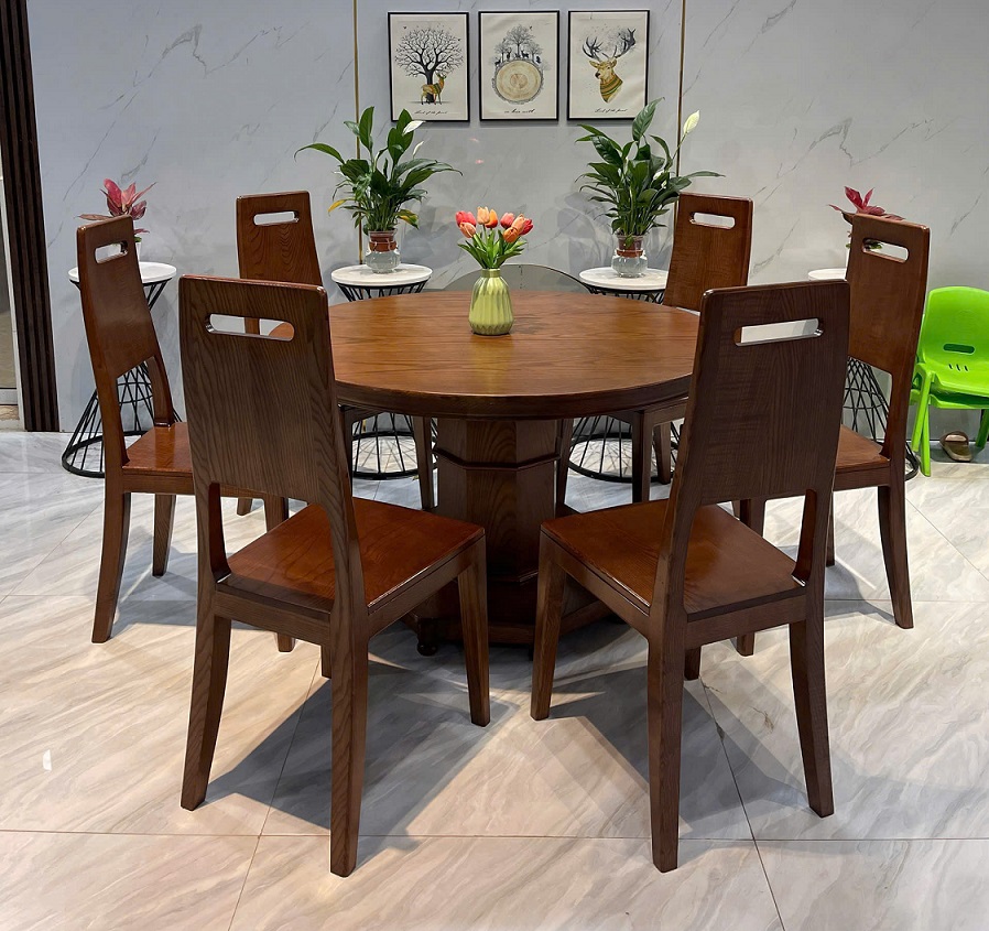 Bộ Bàn Ăn Tròn 6 Ghế Gỗ Sồi Nga Màu Nâu BGA38